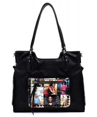 Magazine Cover Collage Whipstitch Pocket Satchel OD2740 MTBLACK